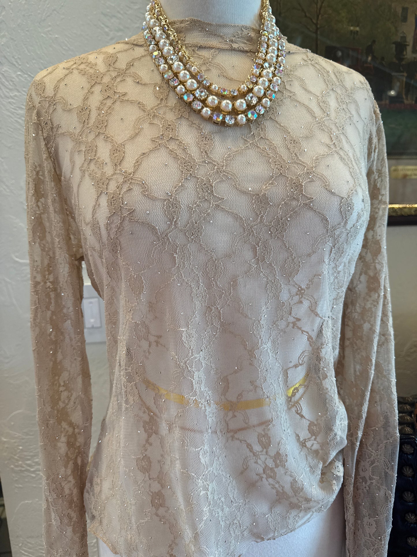 ORIGAMI Taupe Lace Sparkle Top