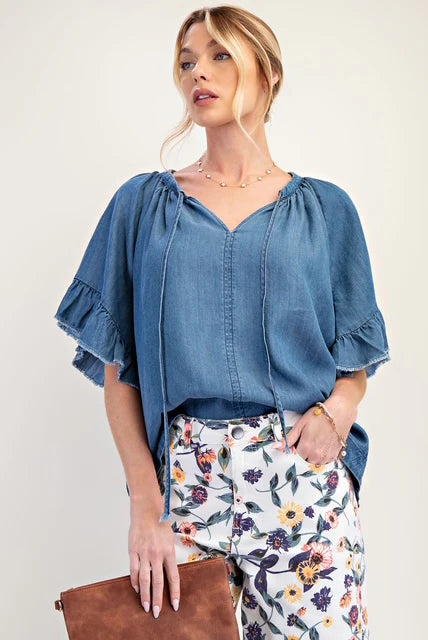 EASEL Washed Chambray Woven Top Dark Denim