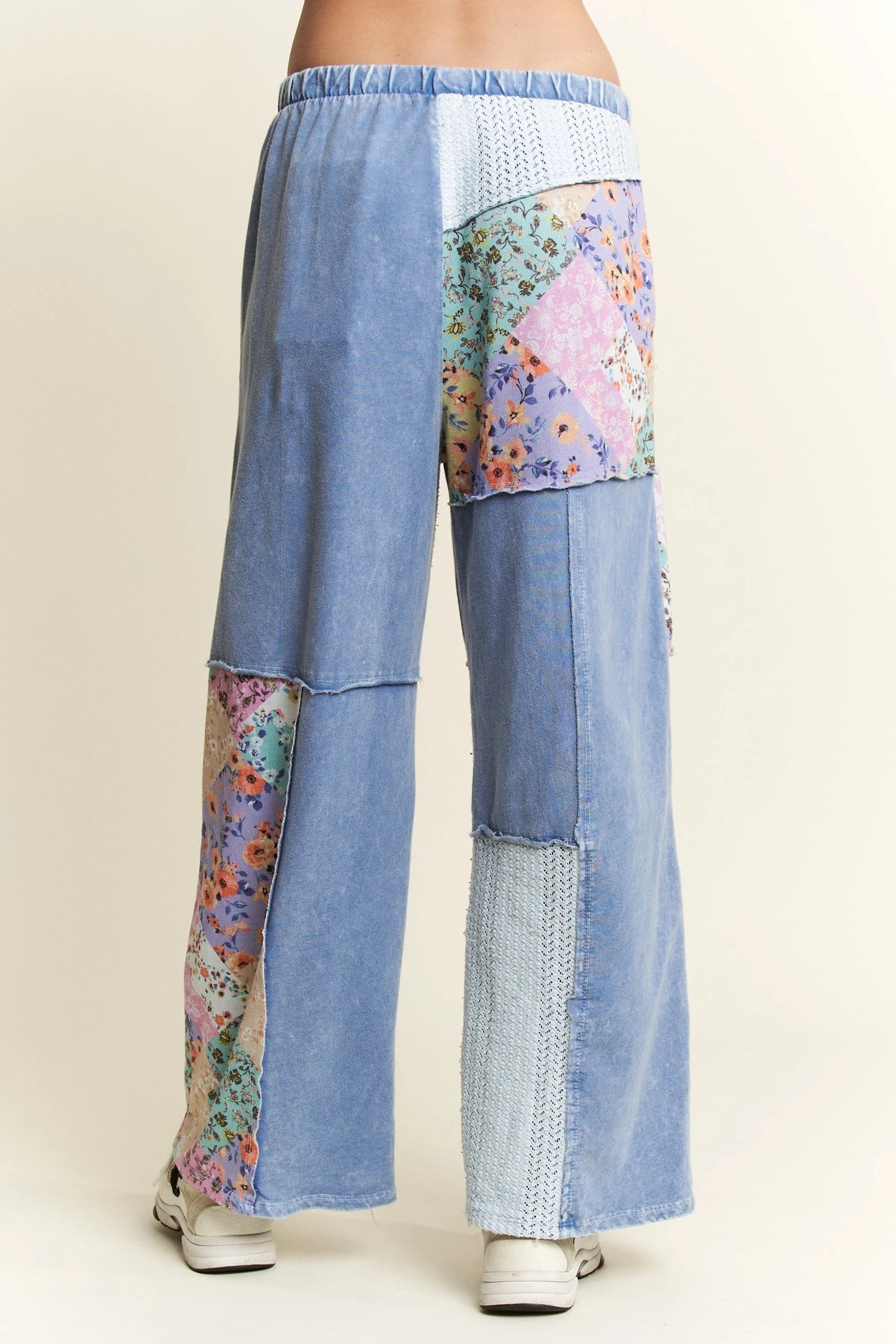 J. HER Mineral Washed Floral WaveKnit Jacquard Boho Wide Leg Pants Denim Blue