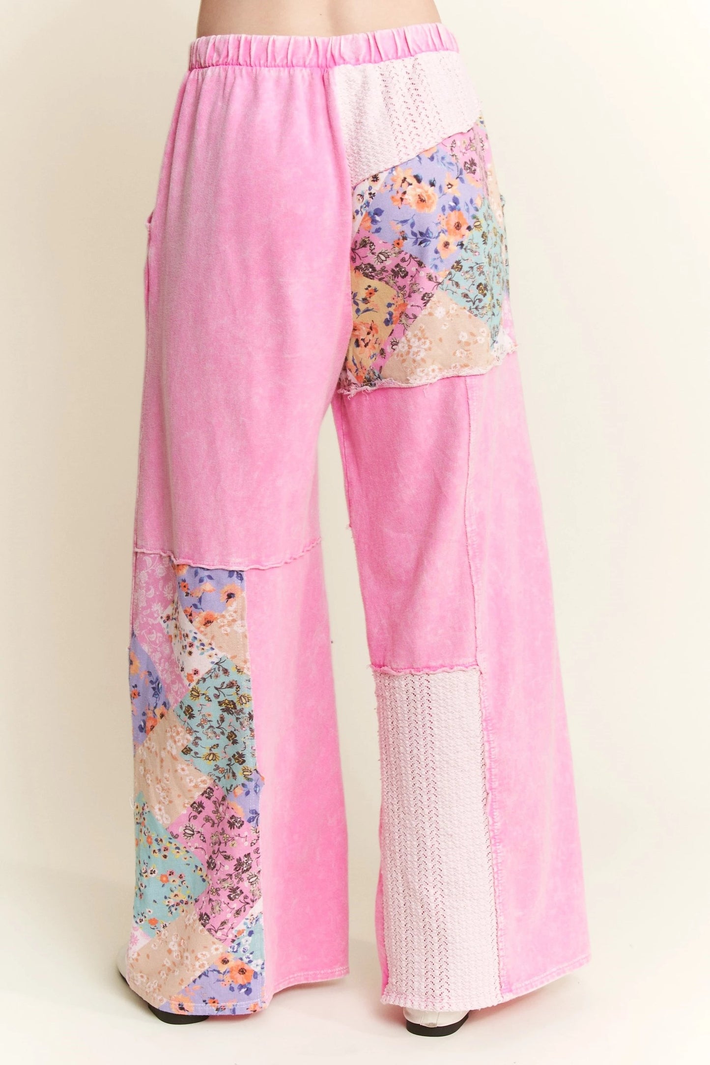 J. HER Mineral Washed Floral WaveKnit Jacquard Boho Wide Leg Pants Bubble Gum