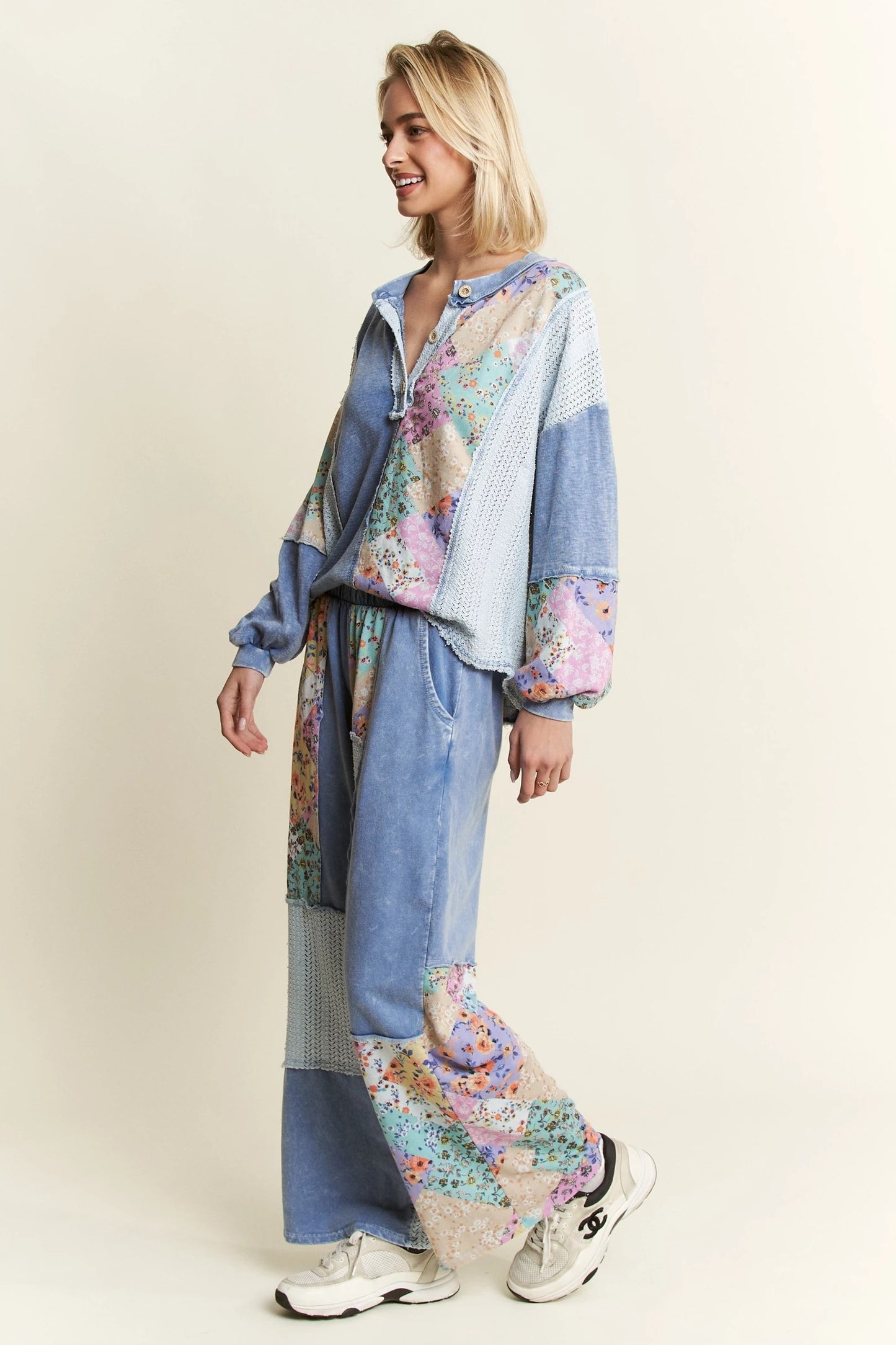 J. HER Mineral Washed Floral WaveKnit Jacquard Boho Wide Leg Pants Denim Blue
