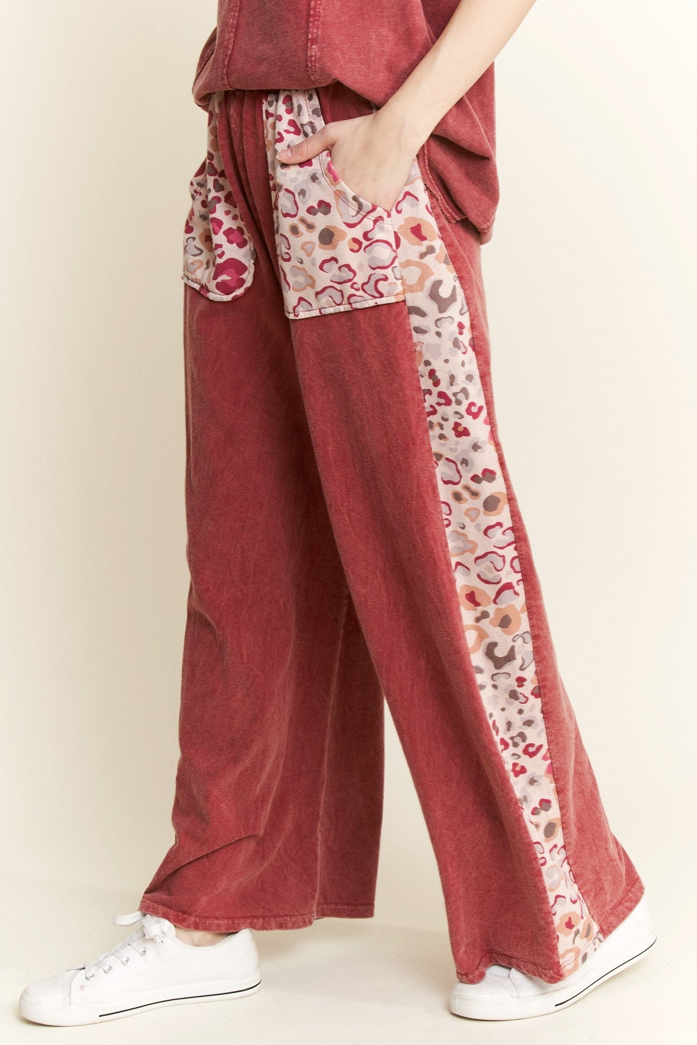 J. HER Mineral Wash Colorful Leopard Pocket Side Wide Leg Pants Burgundy