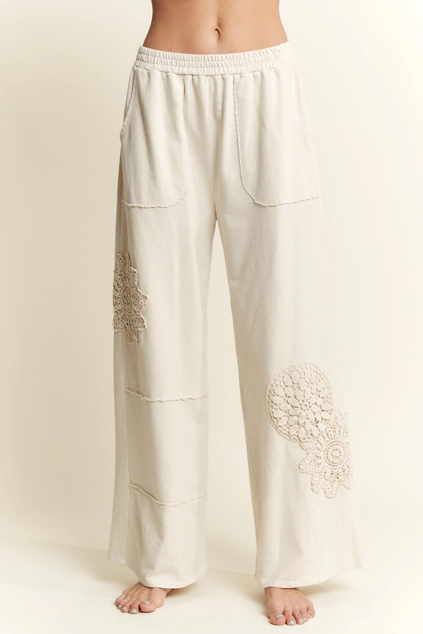 J. HER Mineral Washed Doily Wide Leg Straight Pants Natural