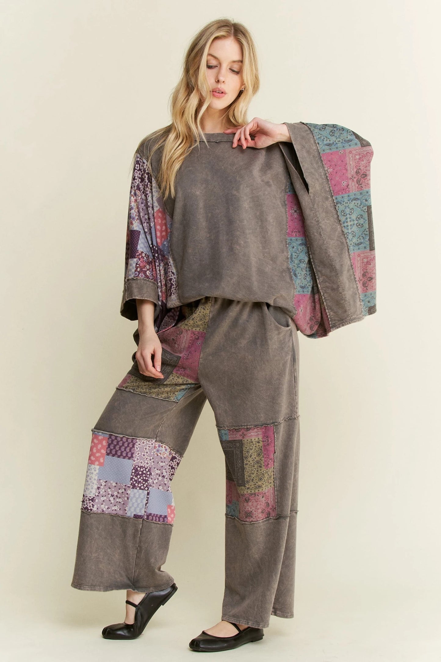 J. HER Mineral Washed Boho Block Patch Pants Charcoal