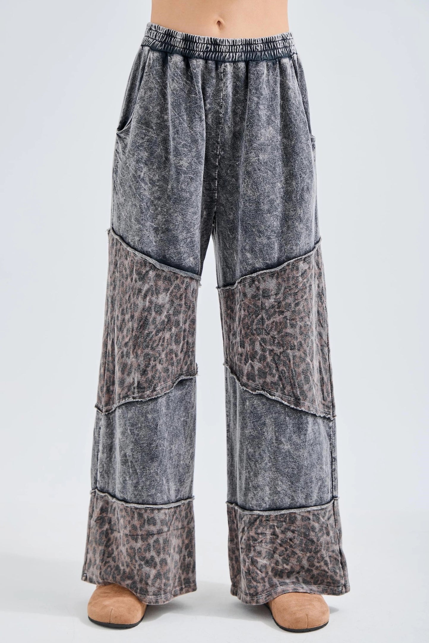 J. HER Mineral Washed Leopard Print Asymmetrical Tier Pants Ashed Black