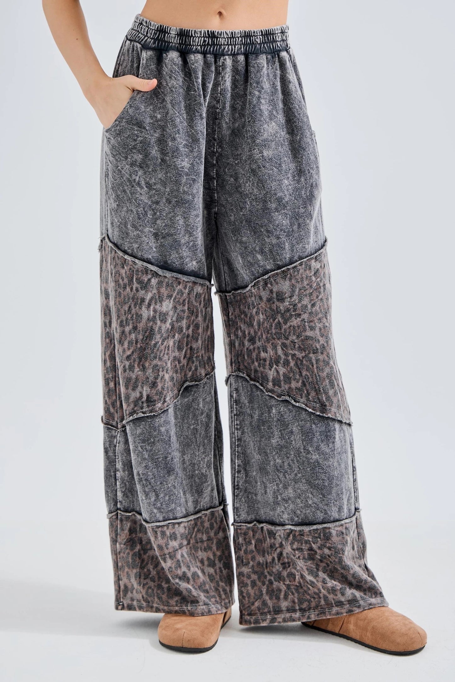 J. HER Mineral Washed Leopard Print Asymmetrical Tier Pants Ashed Black