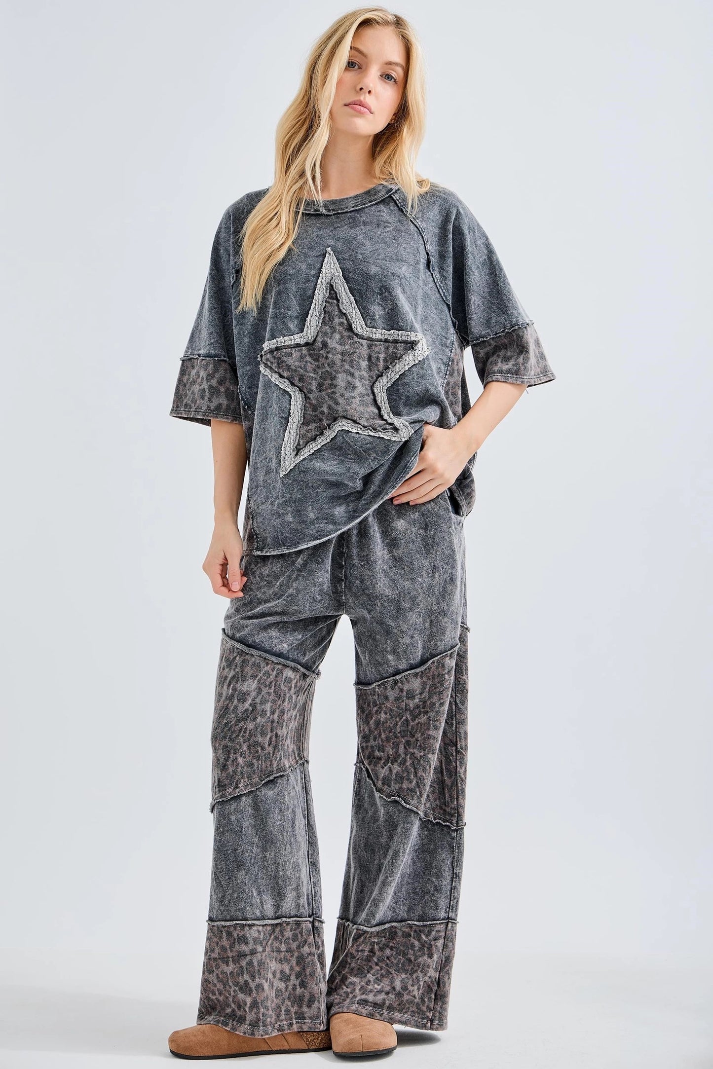 J. HER Mineral Washed Leopard Print Asymmetrical Tier Pants Ashed Black