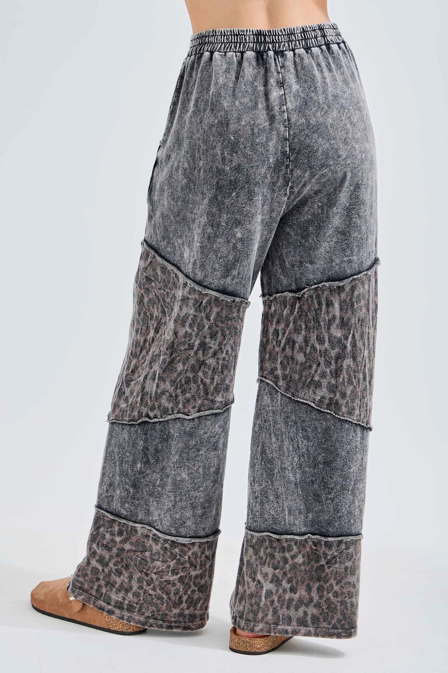 J. HER Mineral Washed Leopard Print Asymmetrical Tier Pants Ashed Black