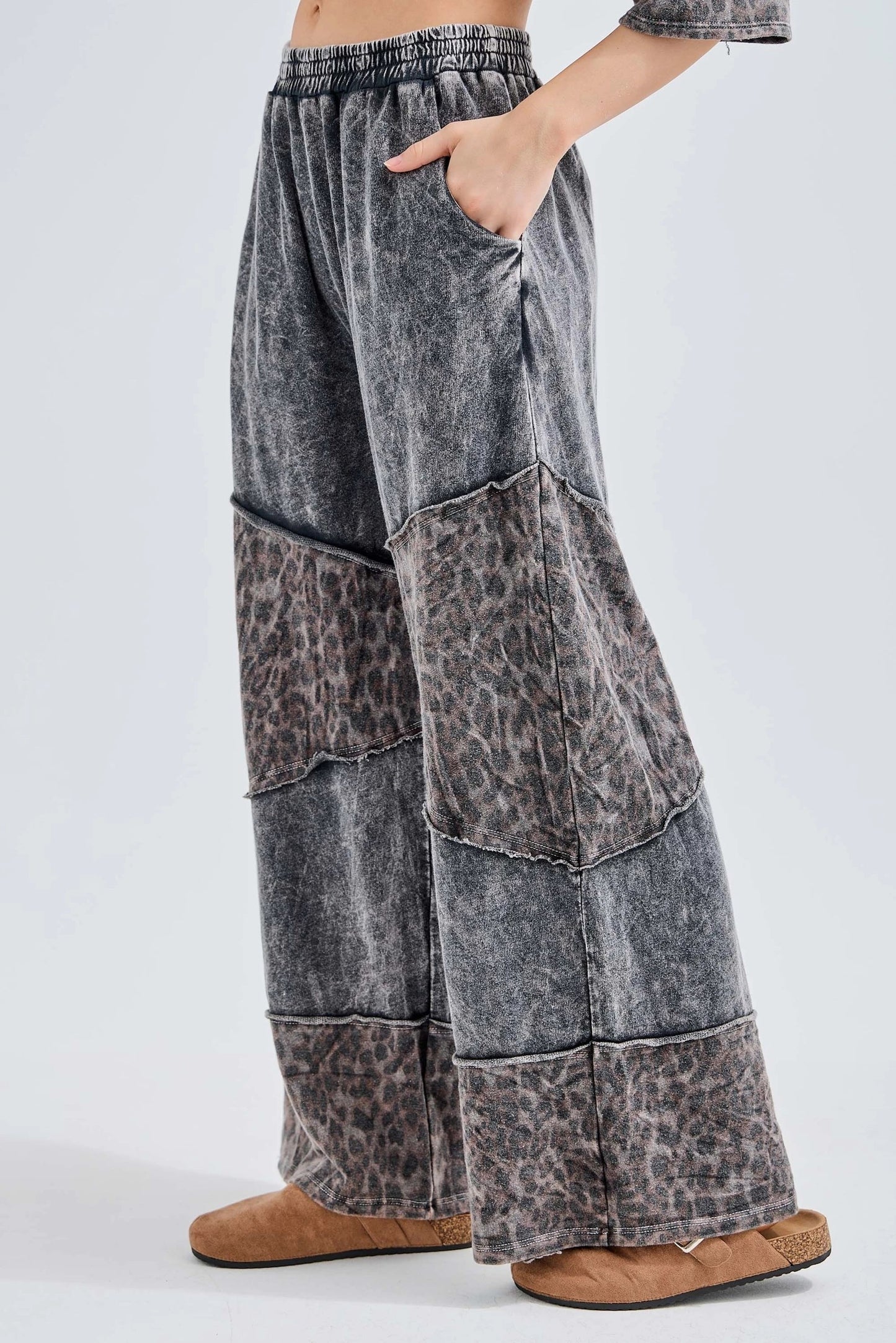 J. HER Mineral Washed Leopard Print Asymmetrical Tier Pants Ashed Black