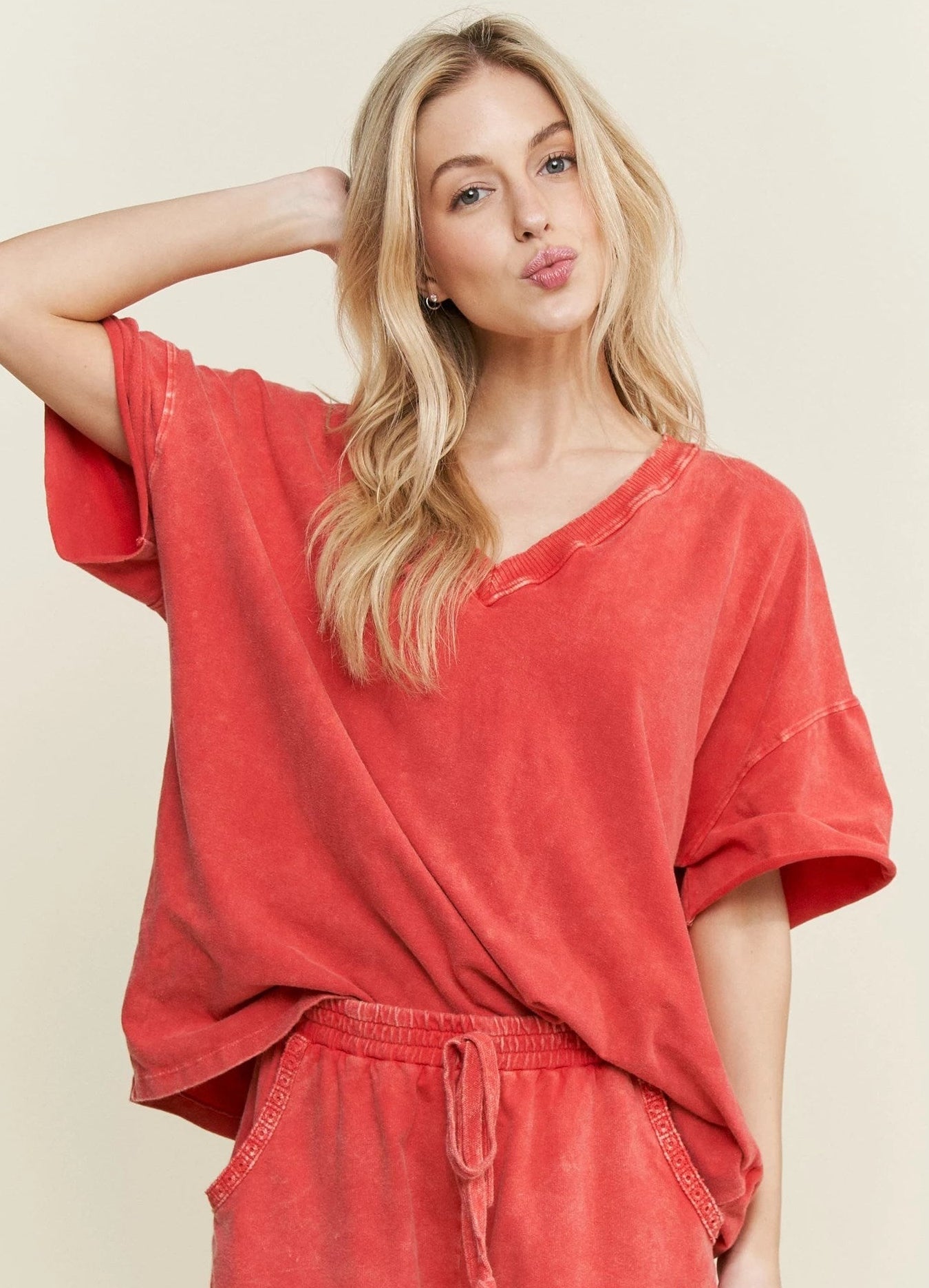 J Her Red Basic V-Neck Top