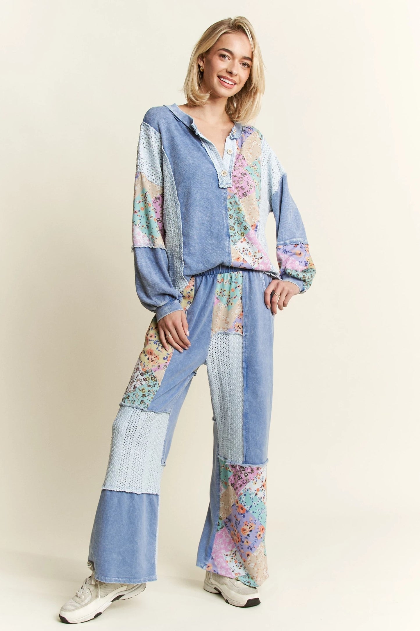 J. HER Mineral Washed Floral WaveKnit Jacquard Henley Boho Top Long Sleeve Denim Blue