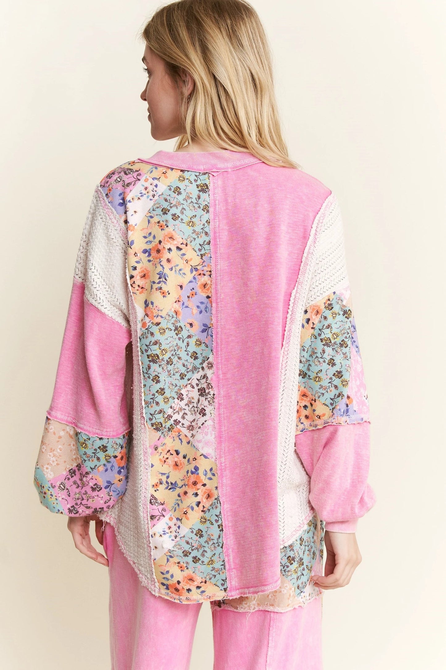J. HER Mineral Washed Floral WaveKnit Jacquard Henley Boho Top Long Sleeve Bubble Gum