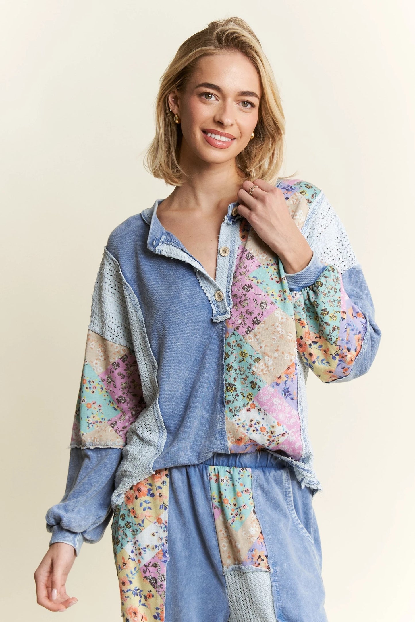 J. HER Mineral Washed Floral WaveKnit Jacquard Henley Boho Top Long Sleeve Denim Blue