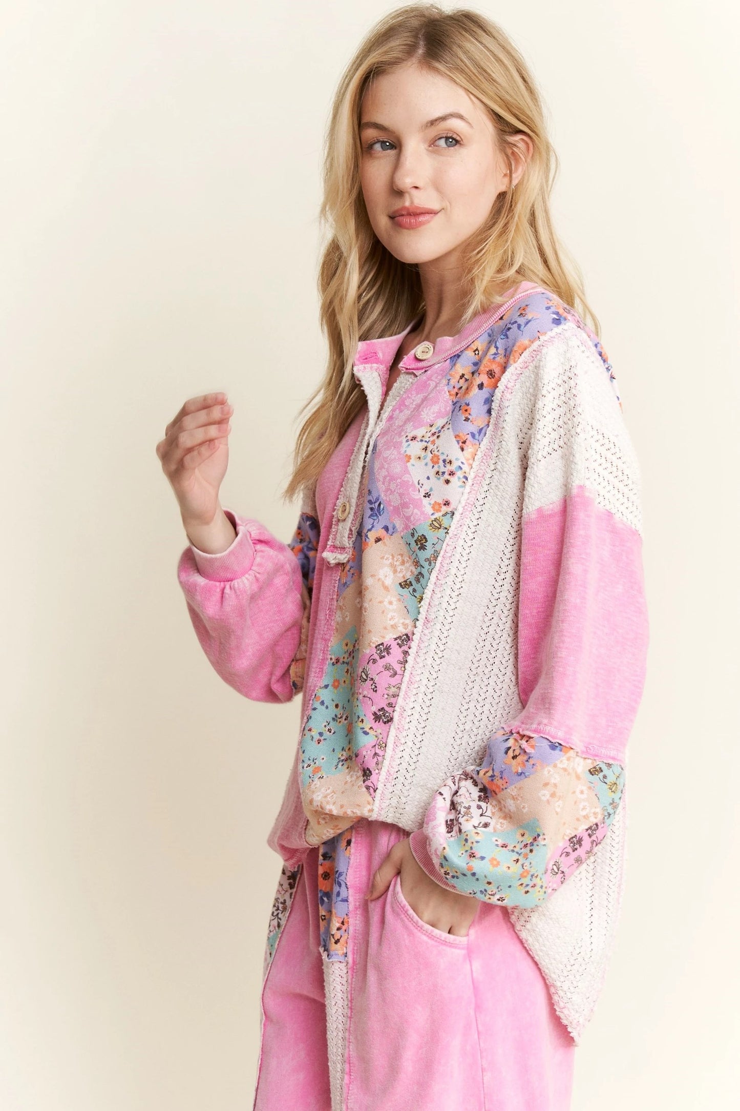 J. HER Mineral Washed Floral WaveKnit Jacquard Henley Boho Top Long Sleeve Bubble Gum