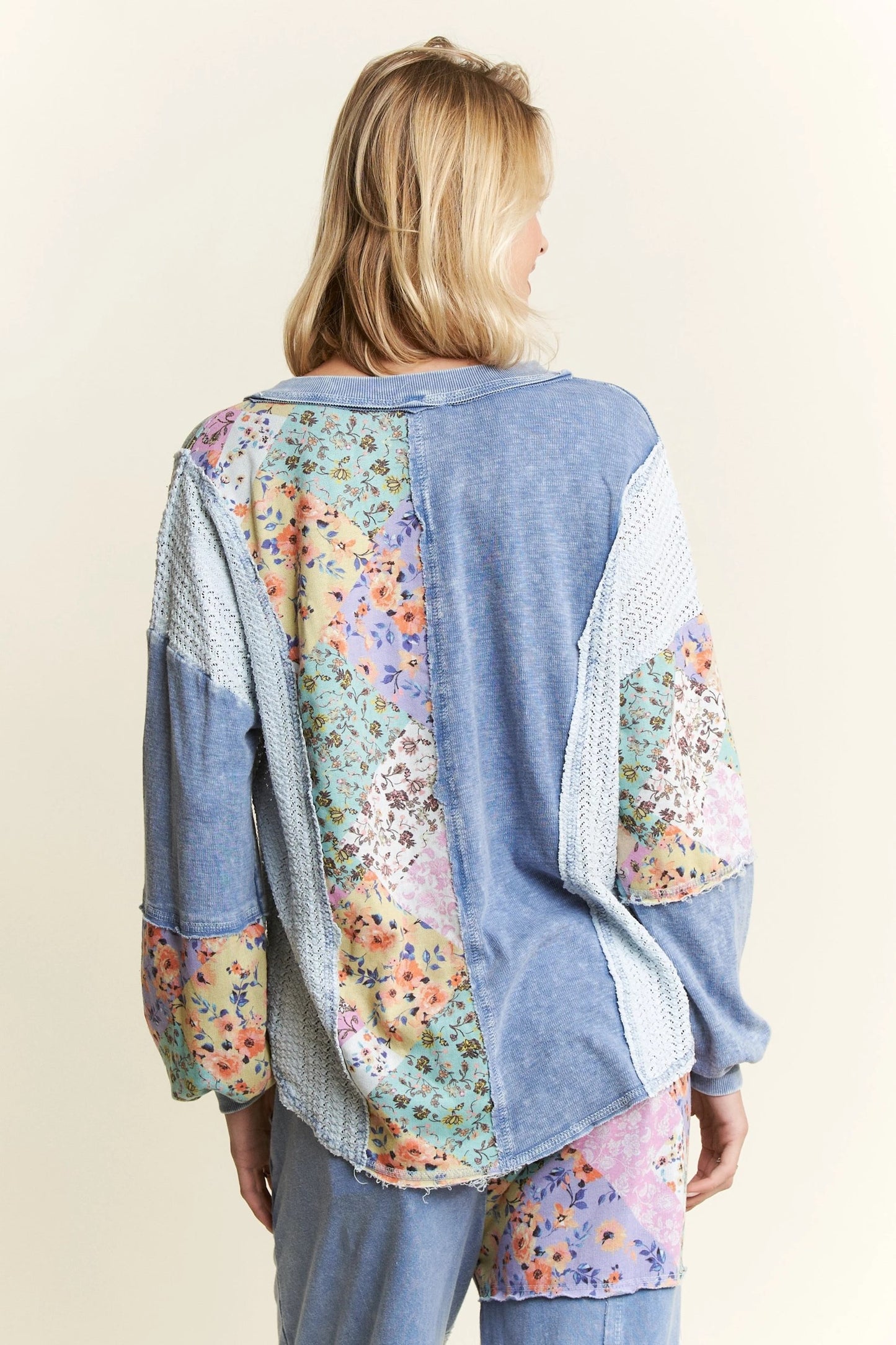 J. HER Mineral Washed Floral WaveKnit Jacquard Henley Boho Top Long Sleeve Denim Blue