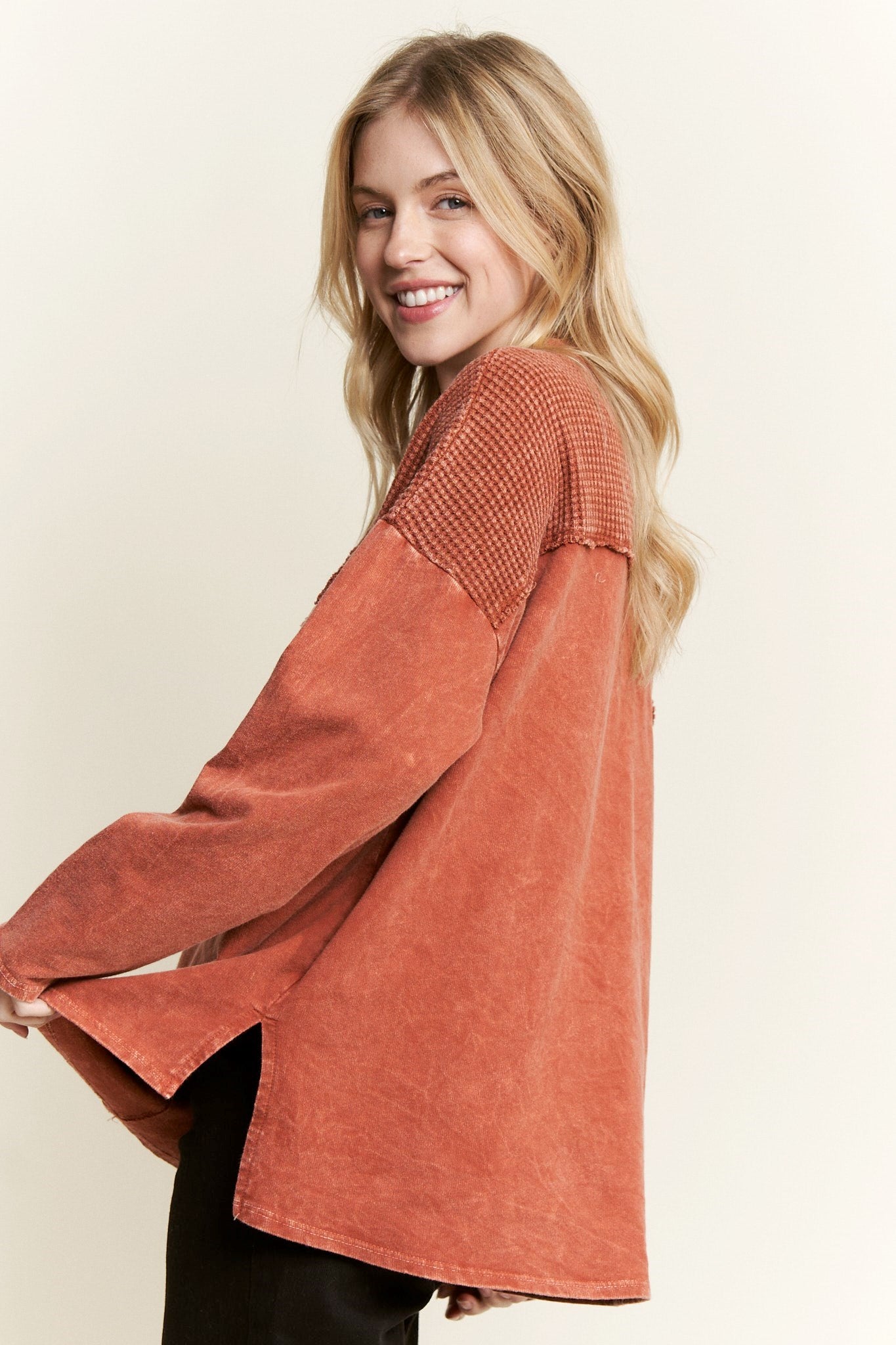 J. HER Mineral Wash Waffle Double Pocket Henley Top Burnt Orange