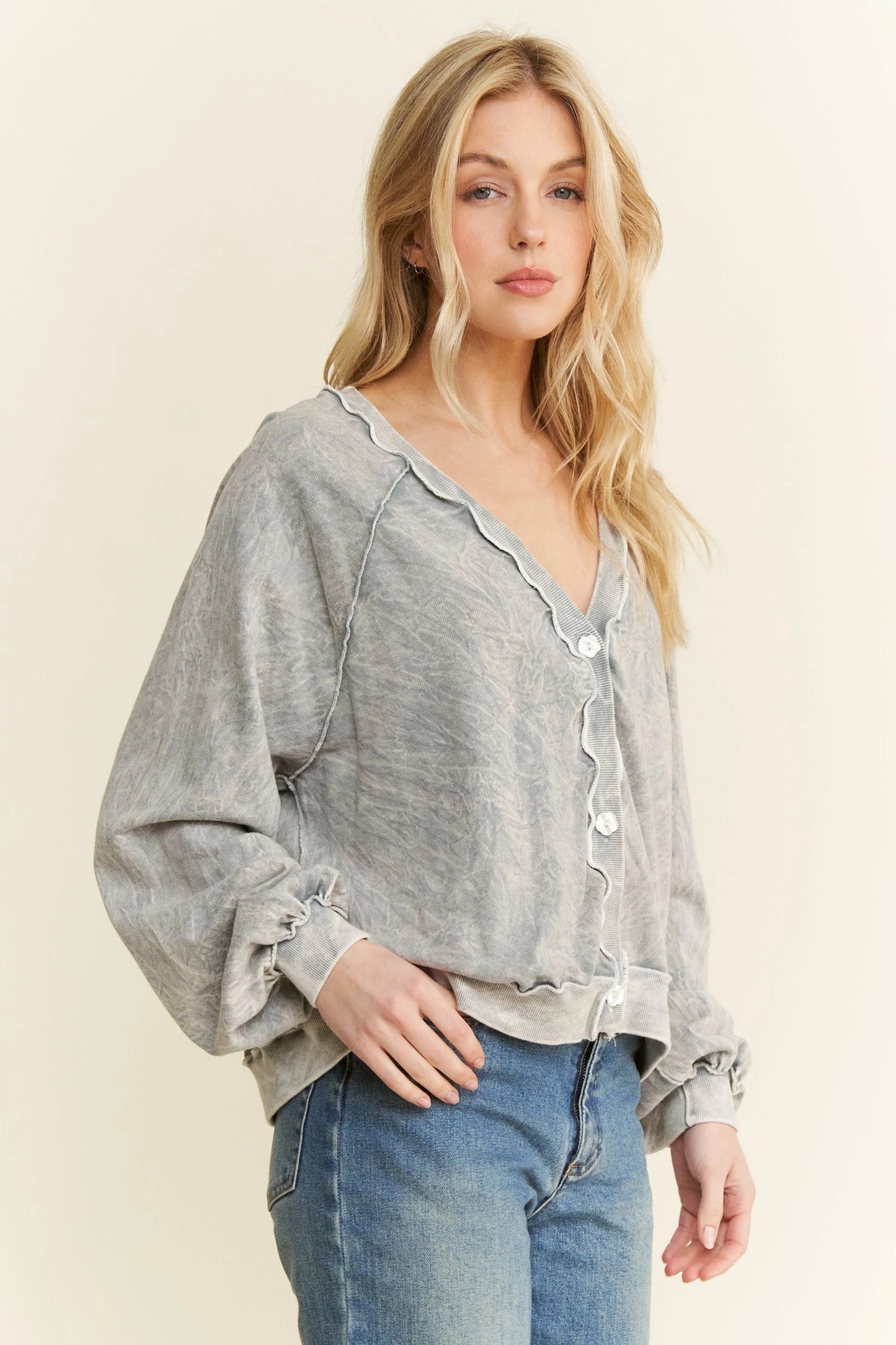 J. HER Mineral Washed Flower Buttoned Cotton Cardigan Silver Grey