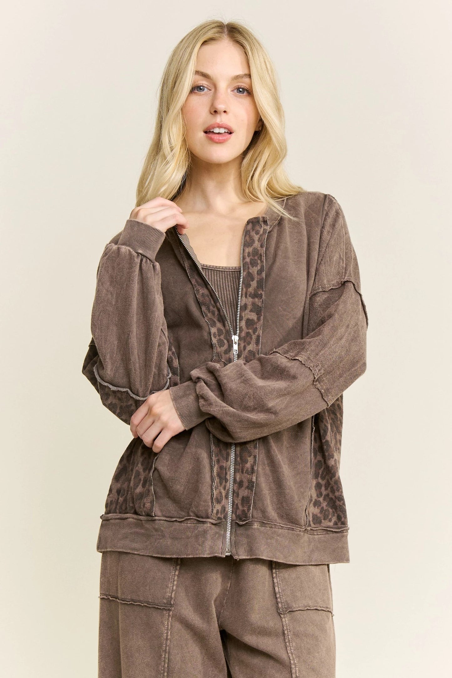 J Her Ashed Oak Cheetah Flare Pants and Bomber Zipper Top Set