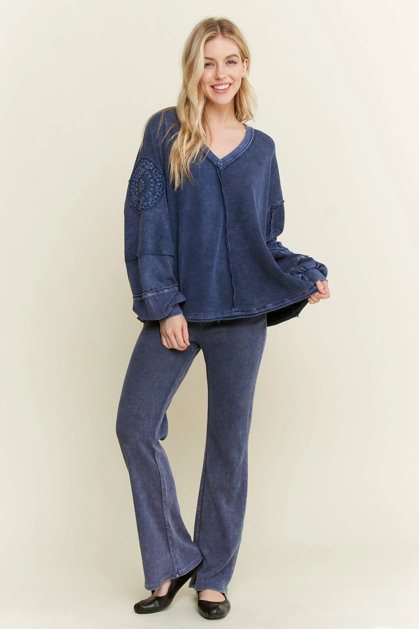 J. HER Mineral Washed Doily V-Neck Blouse Navy