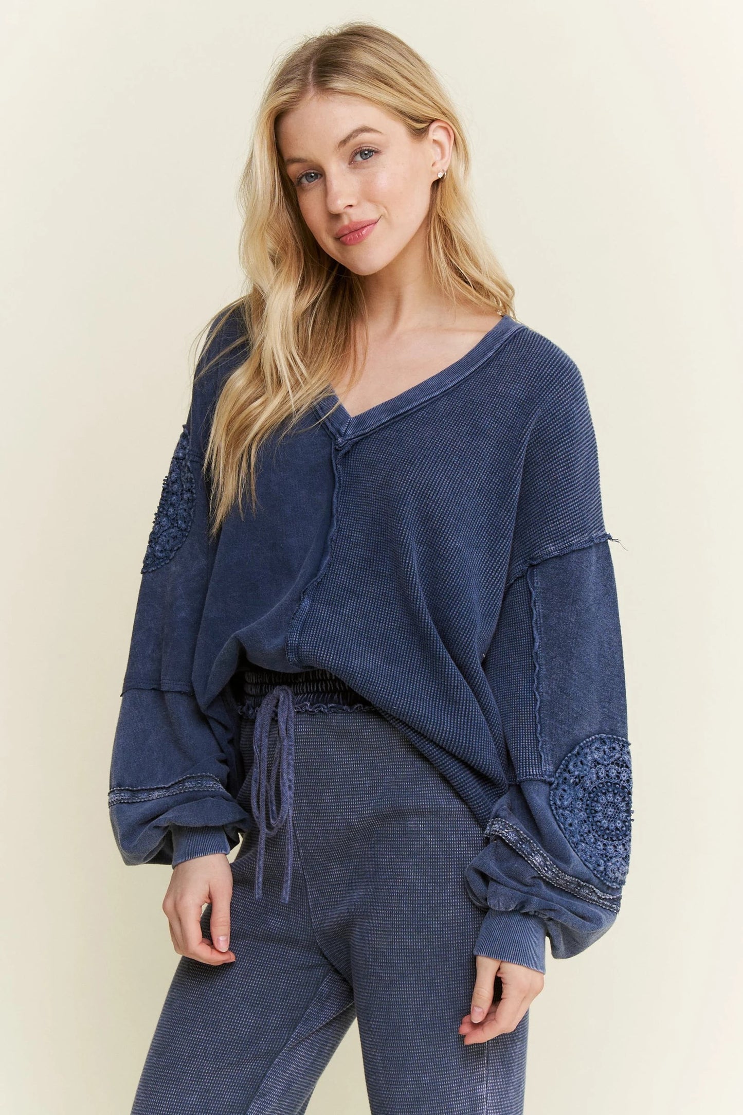 J. HER Mineral Washed Doily V-Neck Blouse Navy