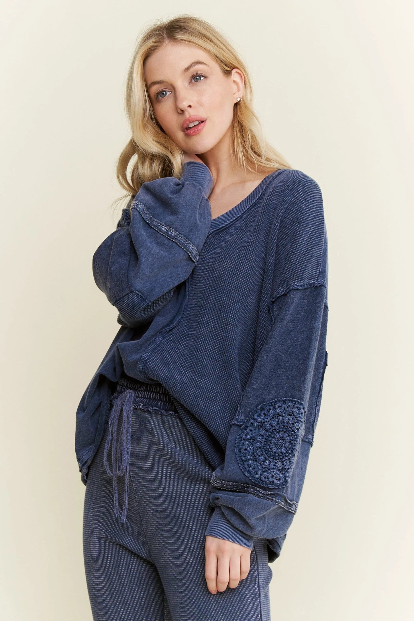J. HER Mineral Washed Doily V-Neck Blouse Navy