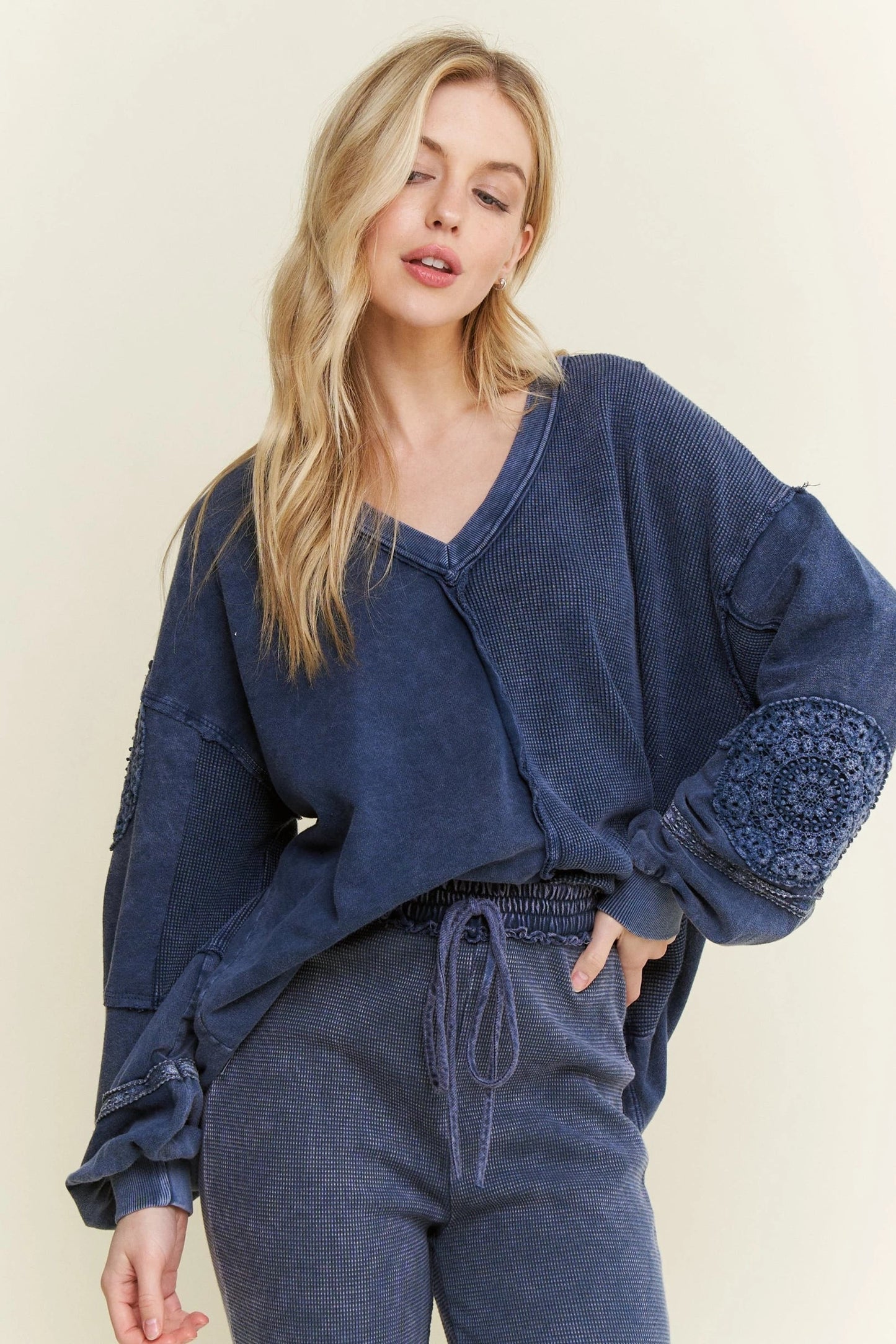 J. HER Mineral Washed Doily V-Neck Blouse Navy