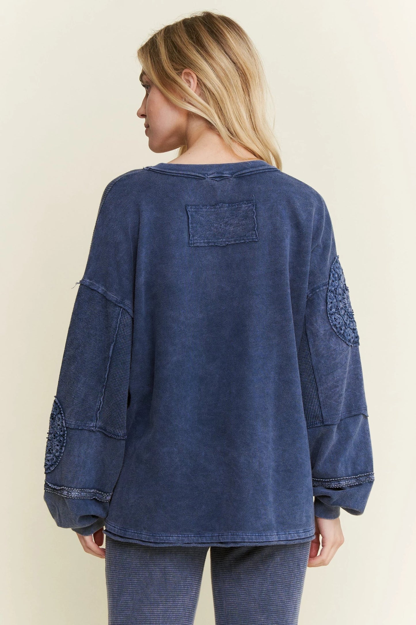 J. HER Mineral Washed Doily V-Neck Blouse Navy