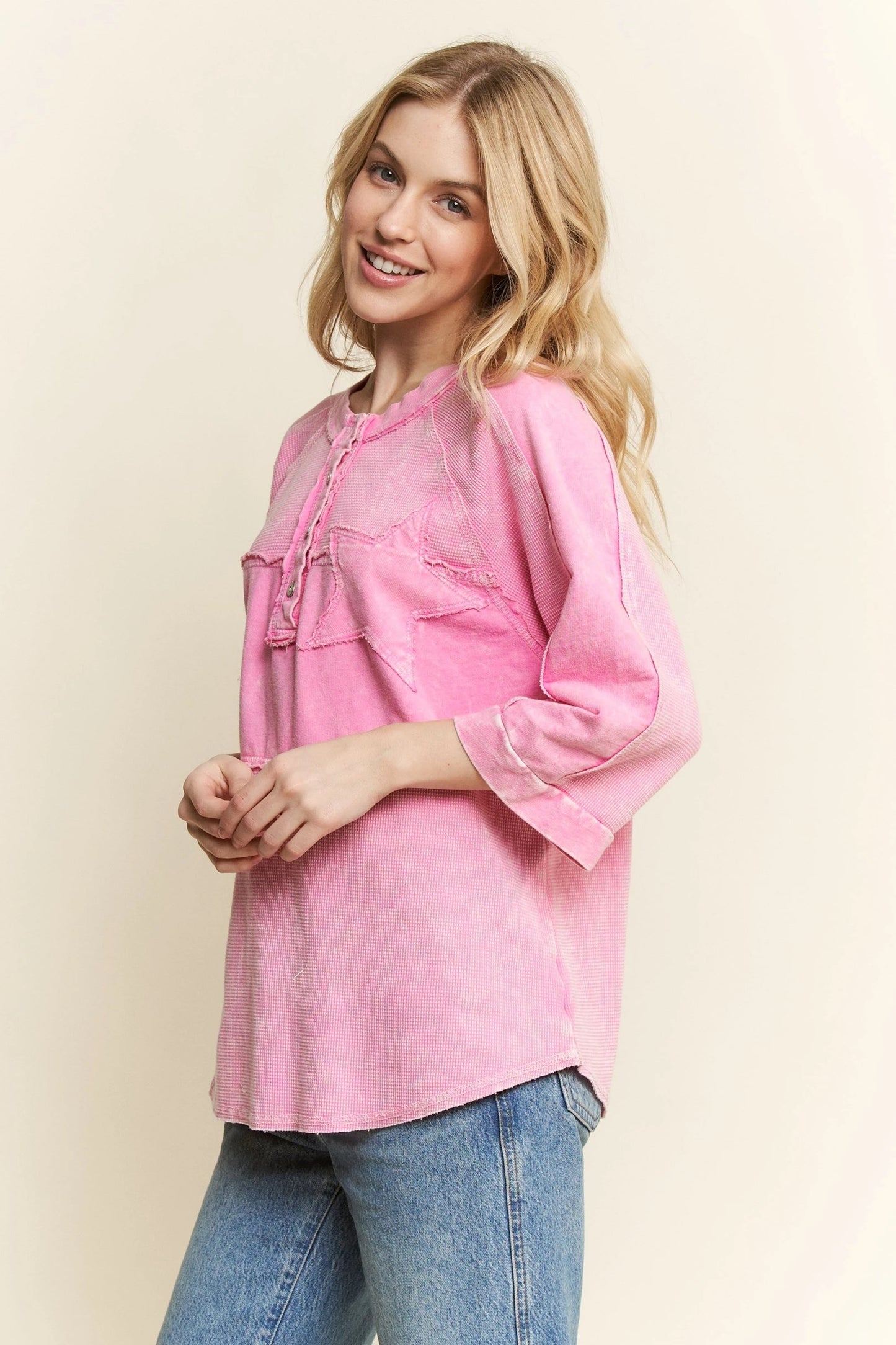 J. HER Mineral Washed Star Patched Henley 3 Quarter Sleeve Top Bubblegum