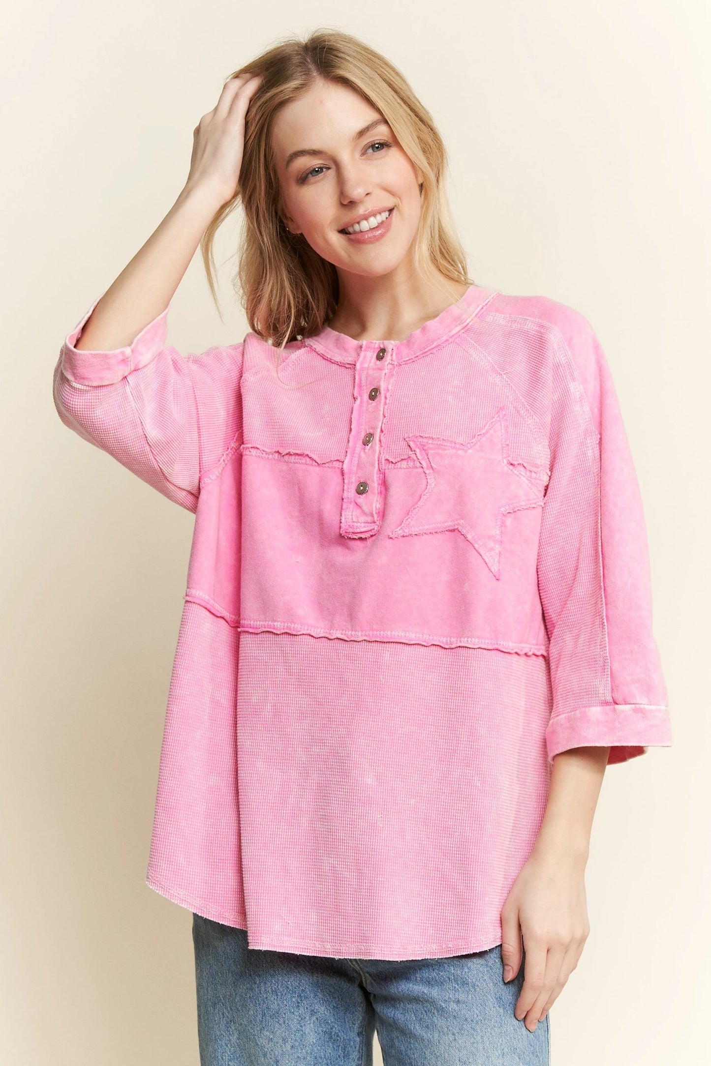 J. HER Mineral Washed Star Patched Henley 3 Quarter Sleeve Top Bubblegum