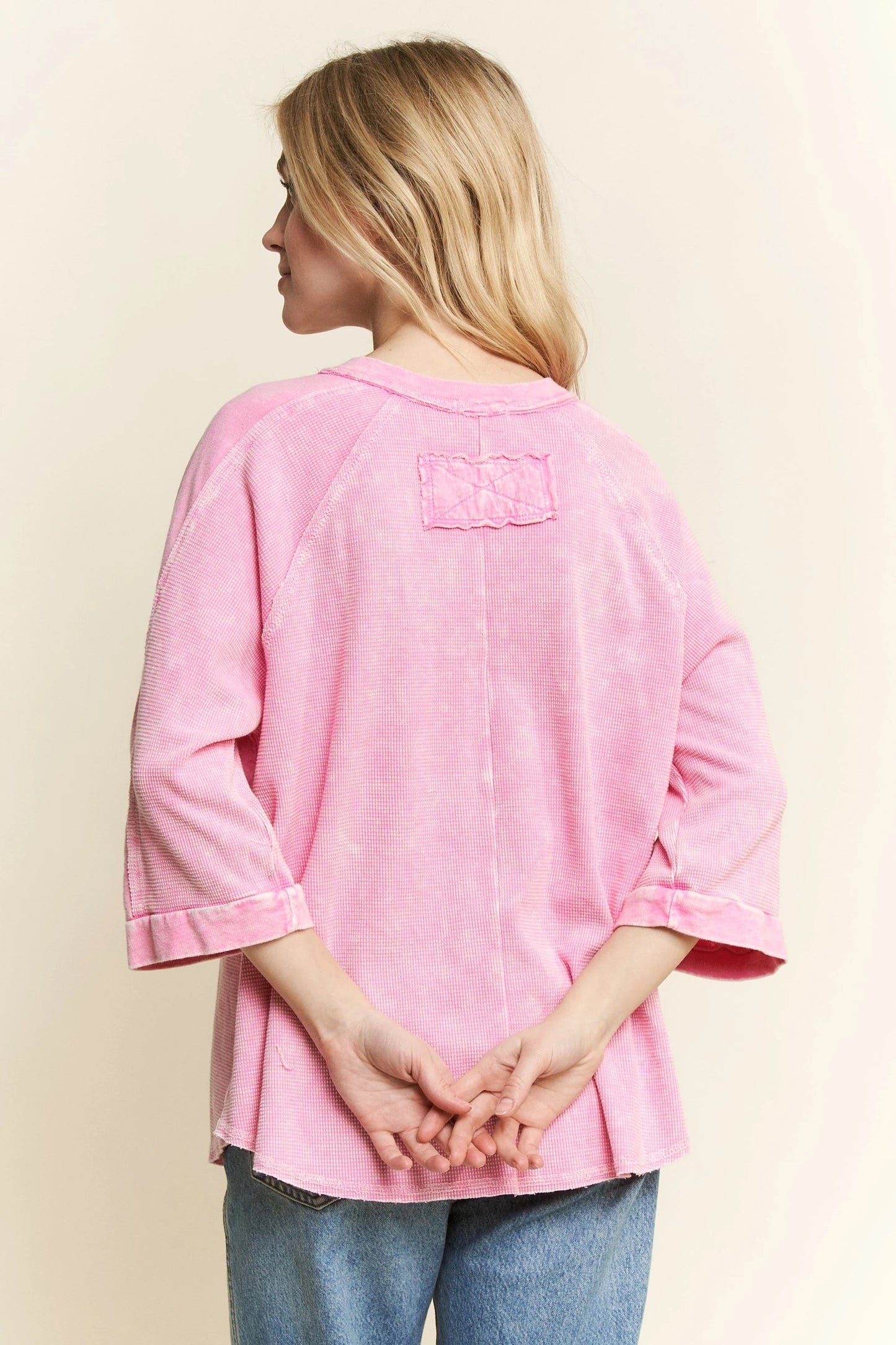 J. HER Mineral Washed Star Patched Henley 3 Quarter Sleeve Top Bubblegum