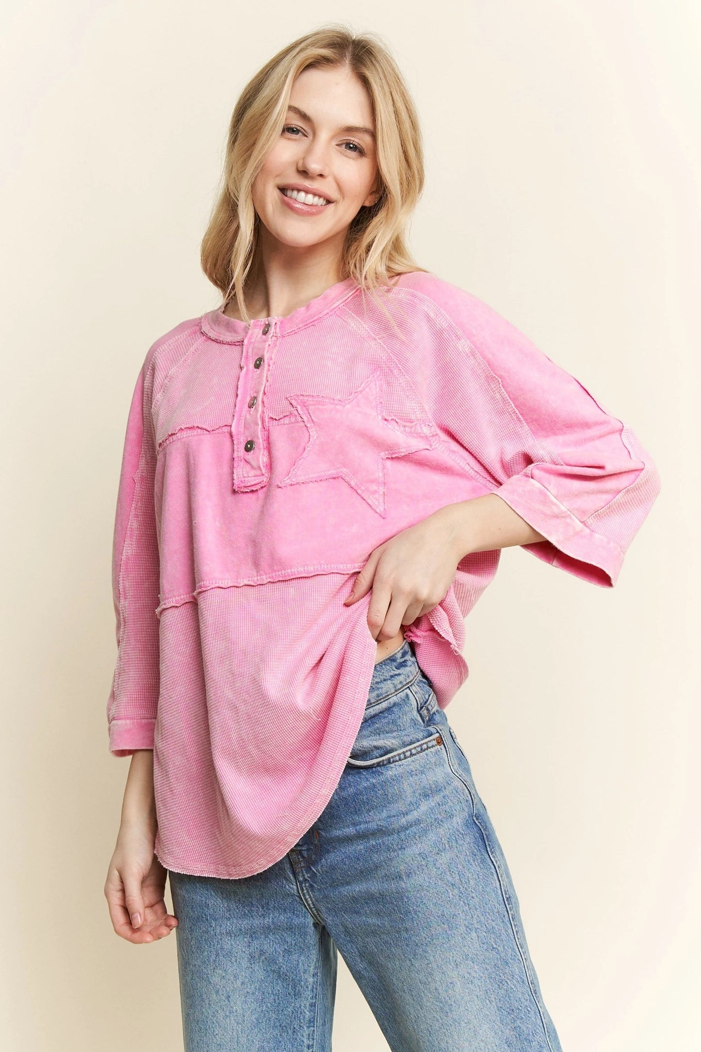 J. HER Mineral Washed Star Patched Henley 3 Quarter Sleeve Top Bubblegum