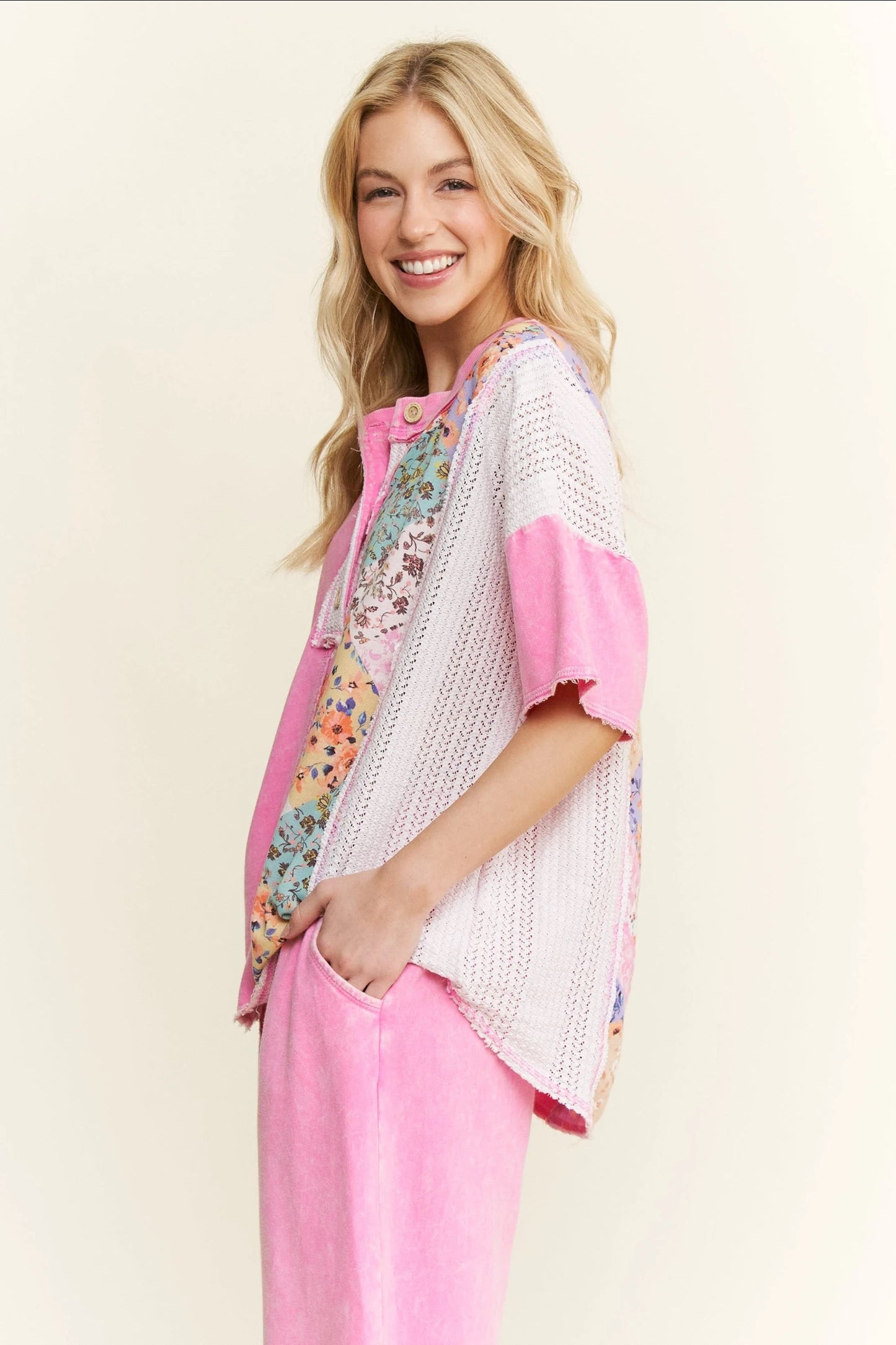 J. HER Mineral Washed Floral Printed Block Henley Top Short Sleeve Bubble Gum