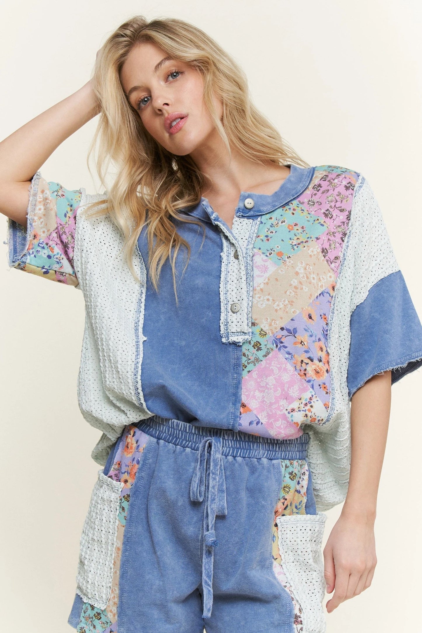 J. HER Mineral Washed Floral Printed Block Henley Top Short Sleeve Denim Blue