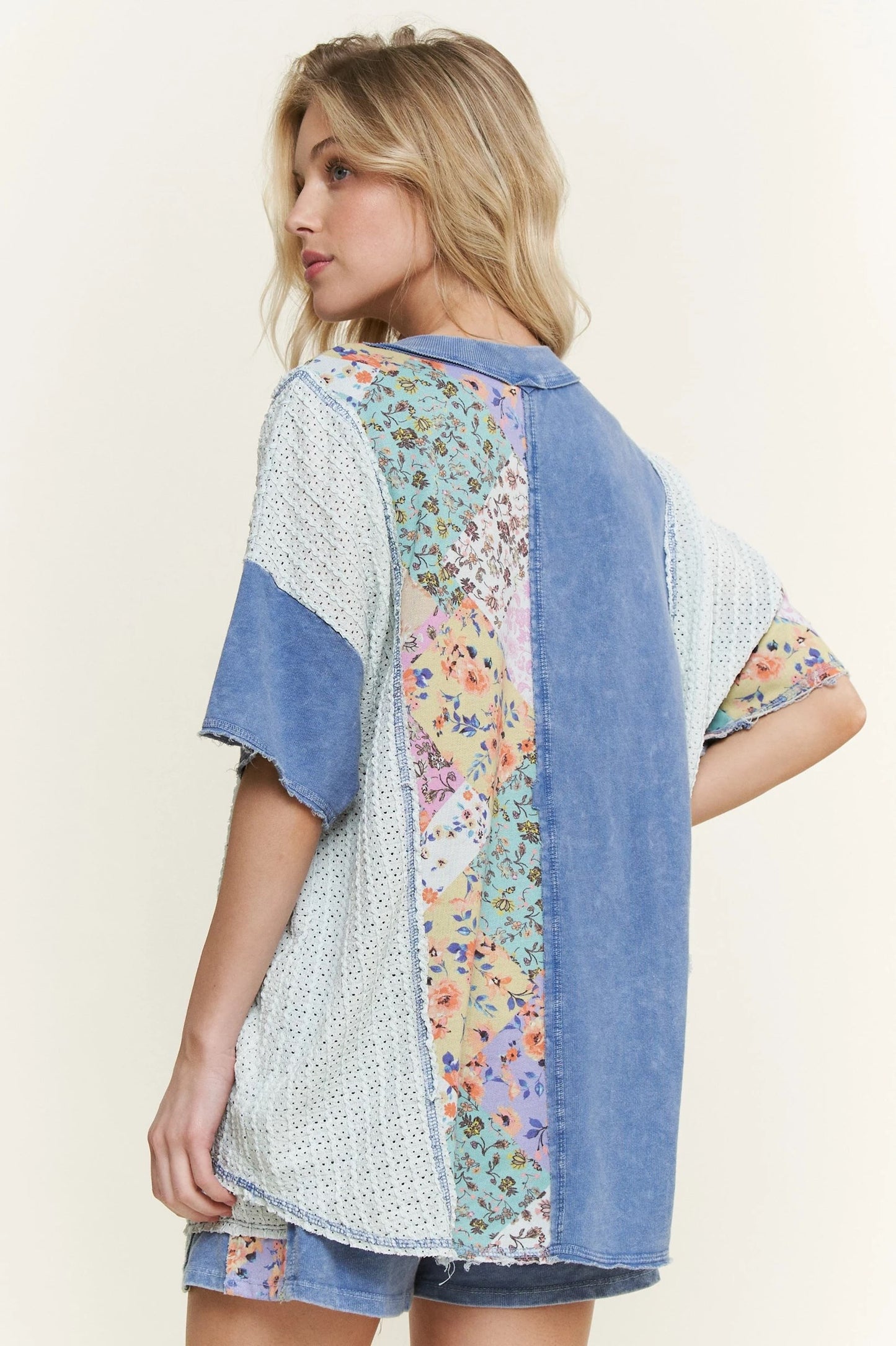 J. HER Mineral Washed Floral Printed Block Henley Top Short Sleeve Denim Blue