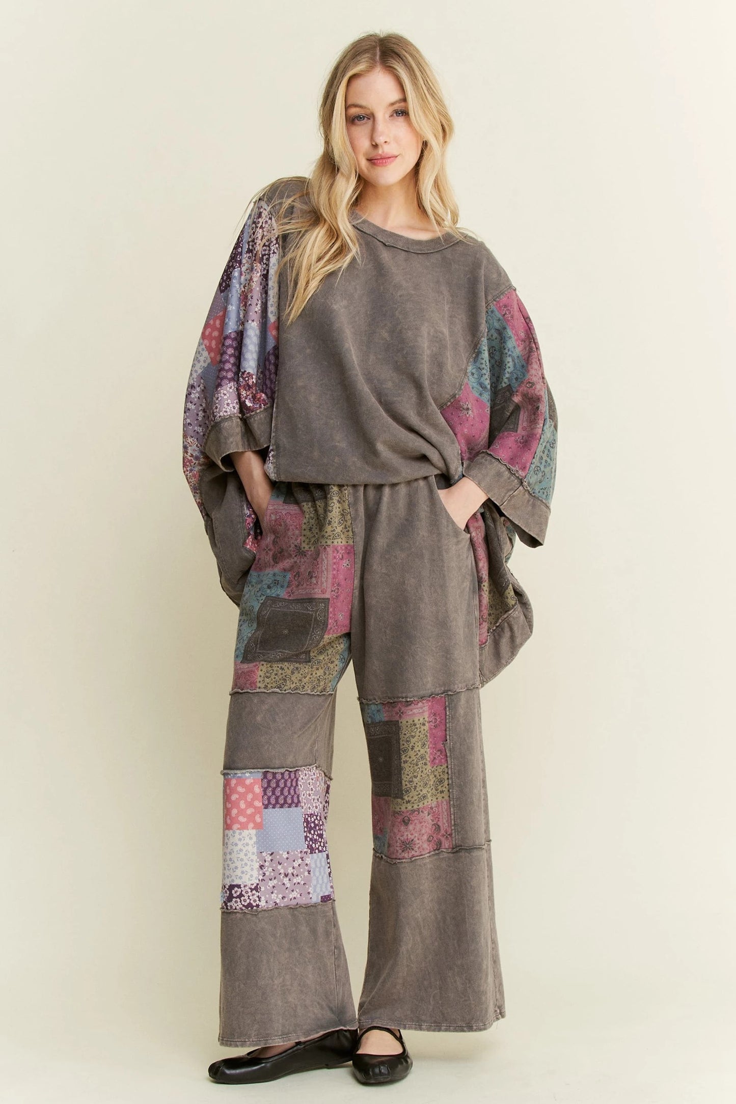 J. HER Mineral Washed Boho Patch Poncho Top Charcoal