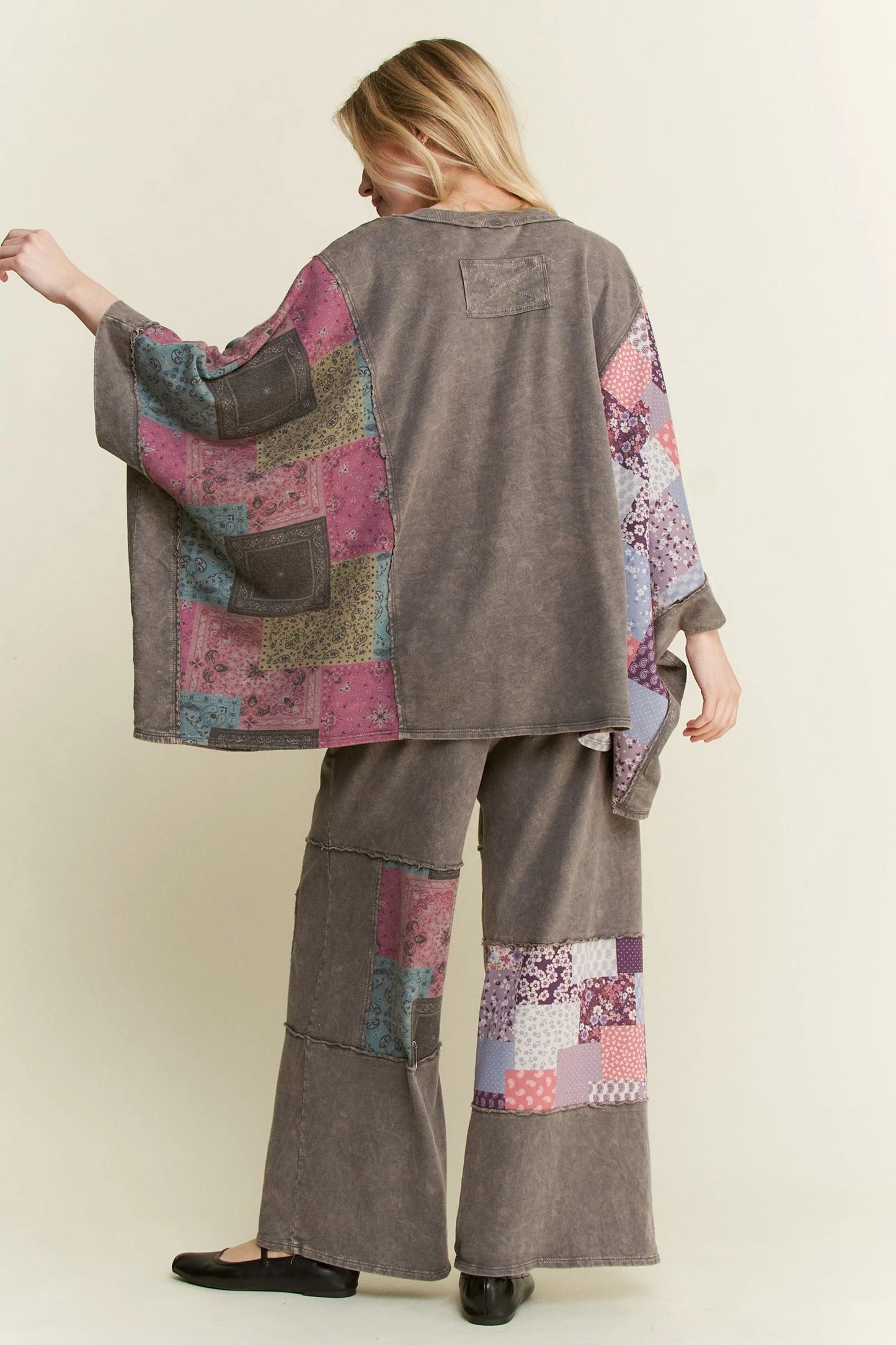 J. HER Mineral Washed Boho Patch Poncho Top Charcoal