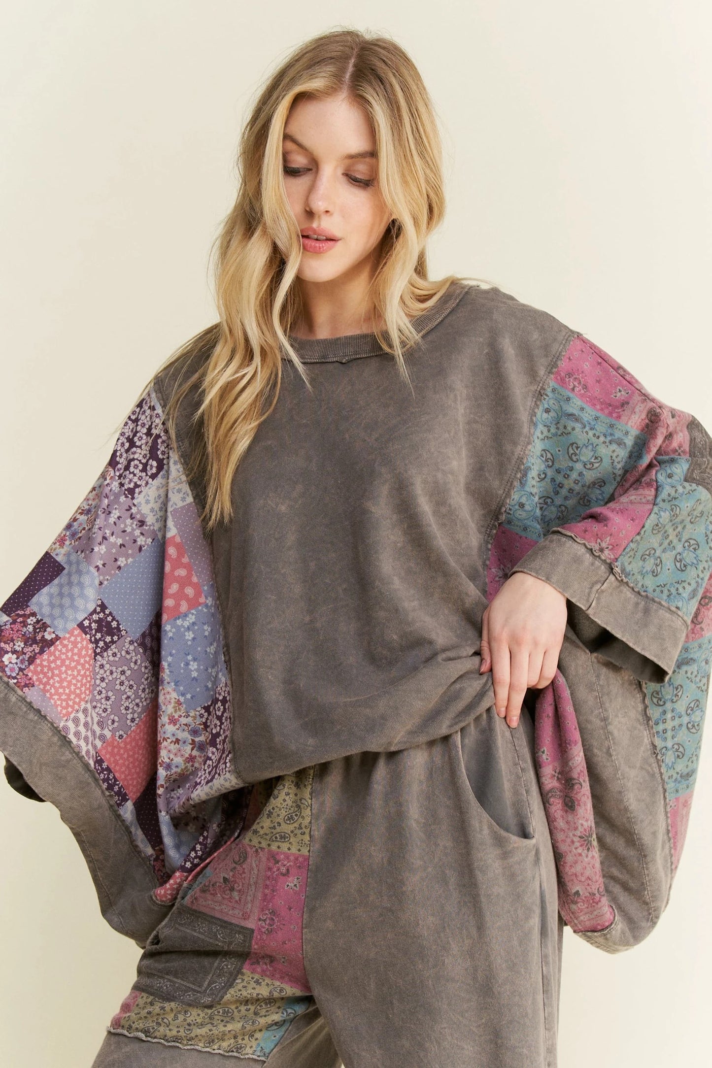 J. HER Mineral Washed Boho Patch Poncho Top Charcoal