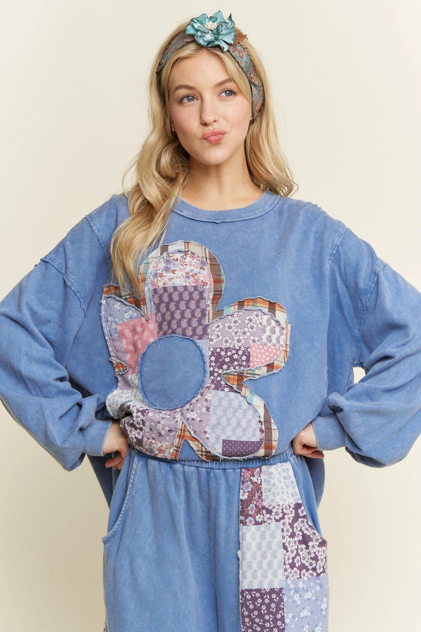 J. HER Mineral Washed Boho Patch Daisy Long Sleeve Sweatshirt Denim Blue