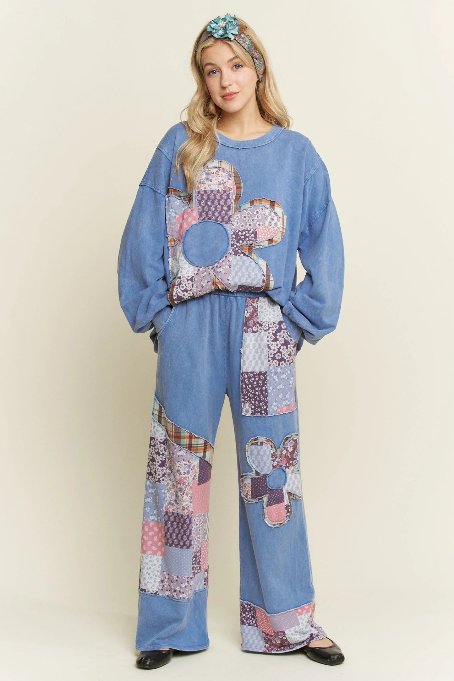 J. HER Mineral Washed Boho Patch Daisy Long Sleeve Sweatshirt Denim Blue