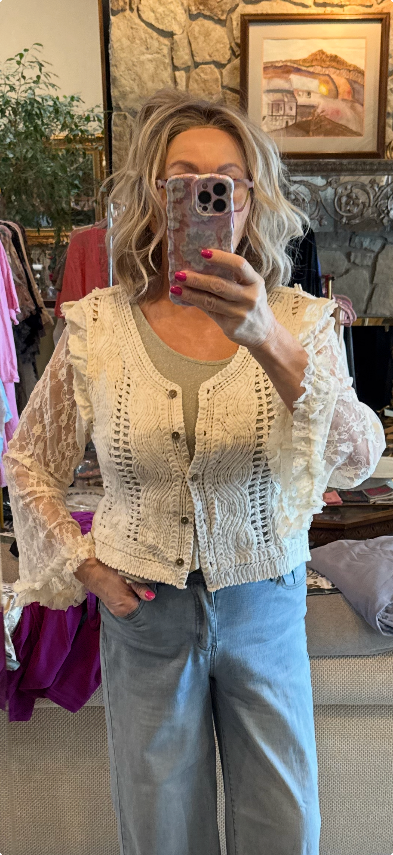 ORIGAMI Natural Crochet with Lace Sleeve Top