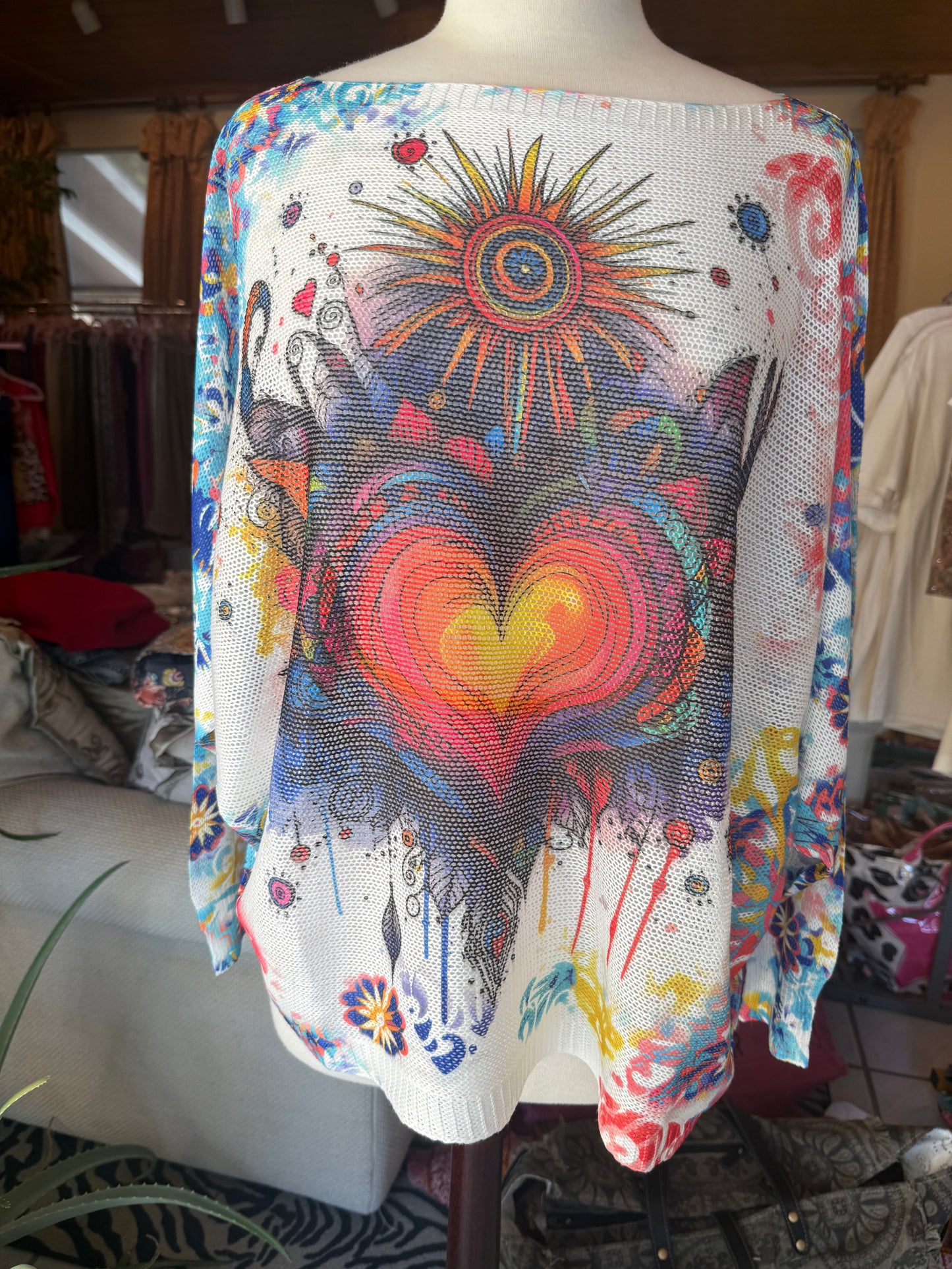 LOOWIE Colorful Heart and Sun V-Neck Knit Printed Sweater
