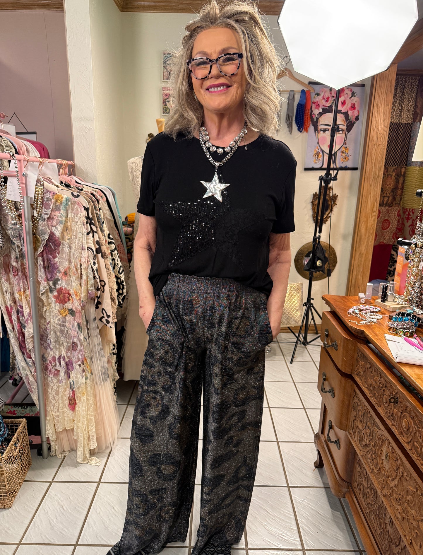 ORIGAMI Black Leo Soft Shimmery Lurex Palazzo Pants with Elastic Waist