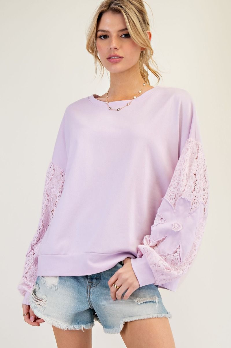 EASEL Lace Sleeve Pullover Lilac Mist