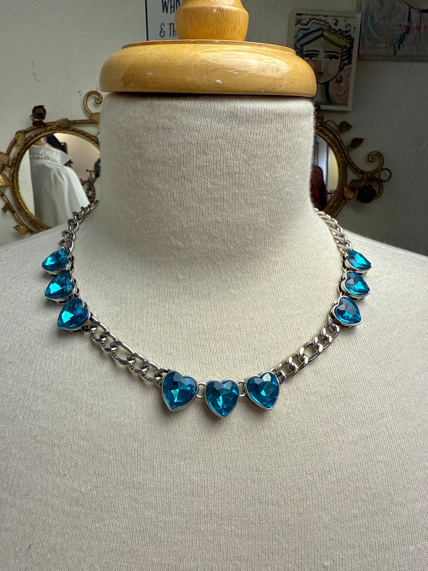 Blue Stone Triple Heart Necklace