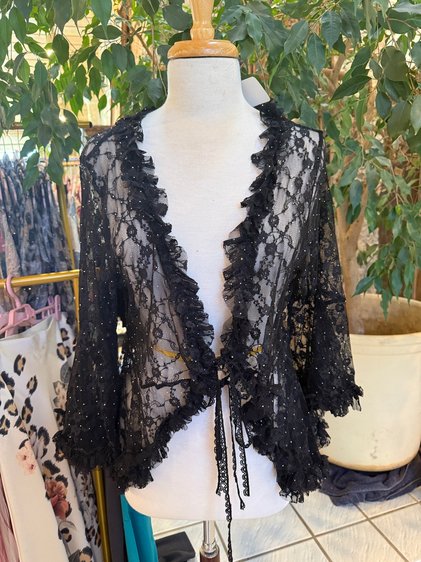 ORIGAMI Black Lace Cardigan with Ties and Ruffles