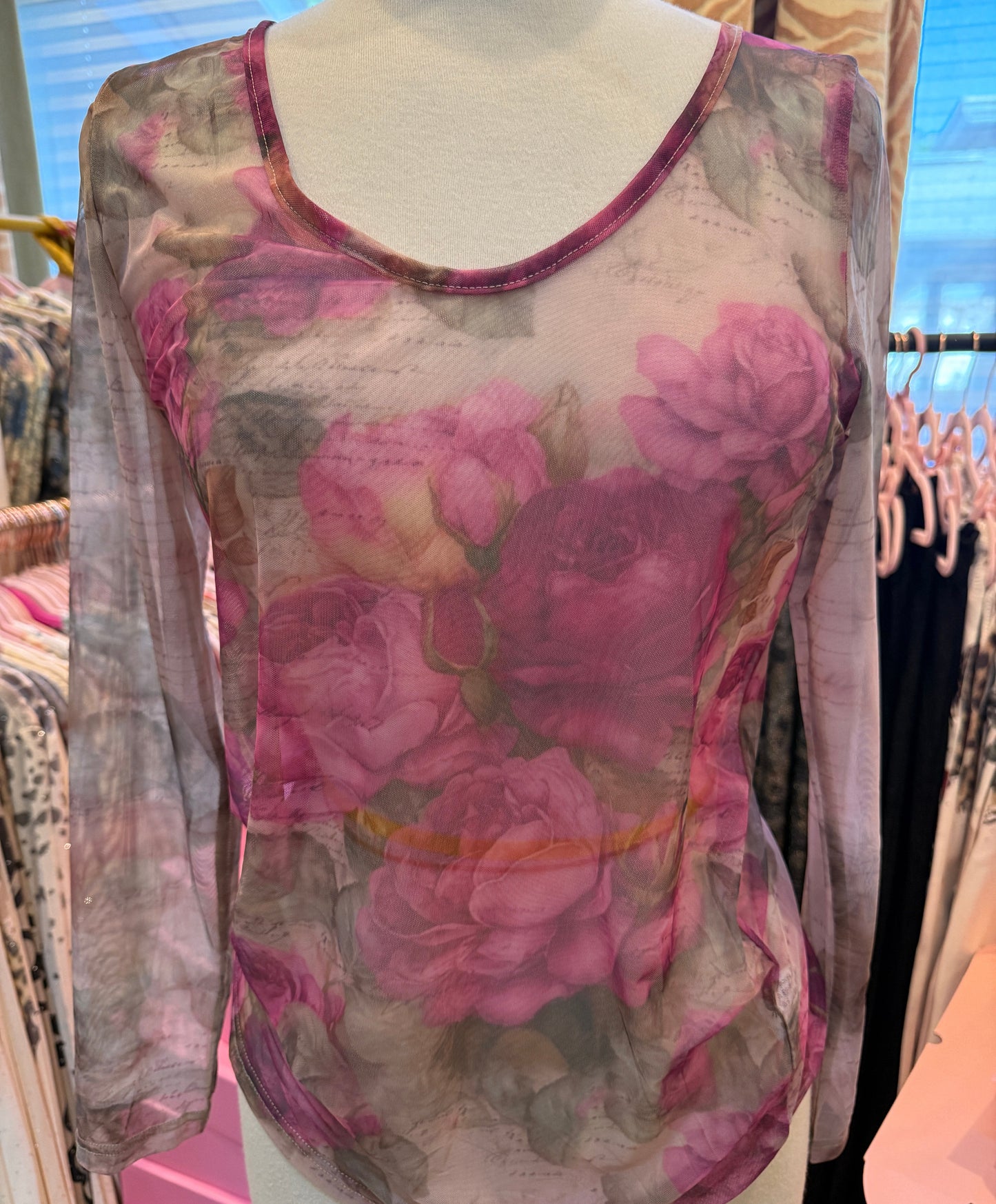 A Rare Bird Rose Floral Mesh Top