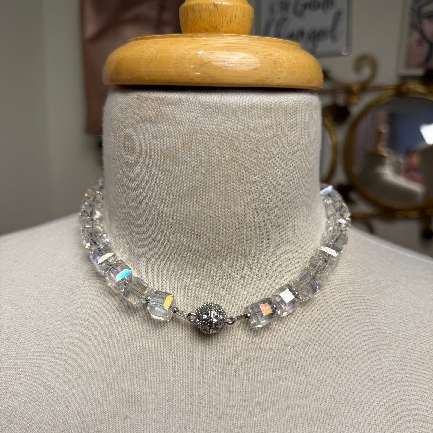 AB Stone Flower Pendant on Clear Cube Magnetic Closure Necklace