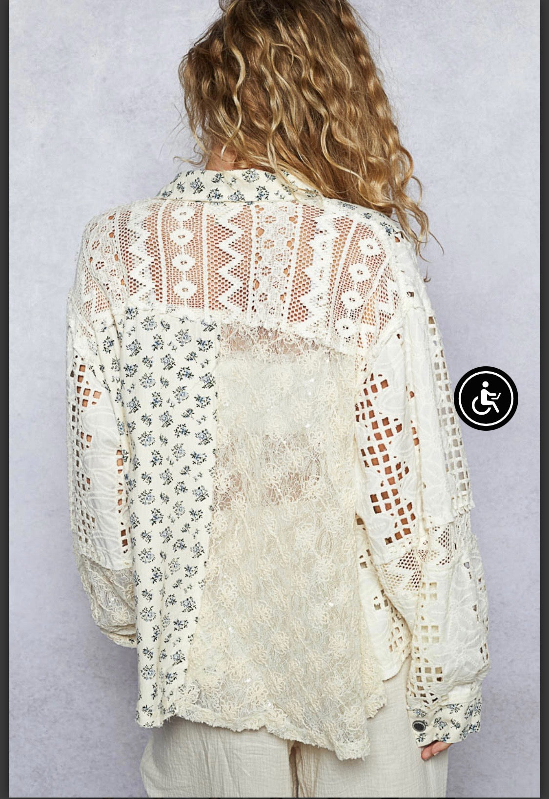 POL Sequin Crochet Multi Fabric Top Cream