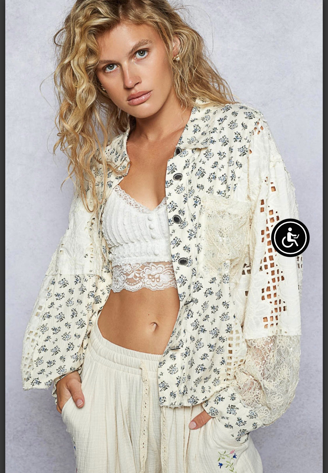 POL Sequin Crochet Multi Fabric Top Cream