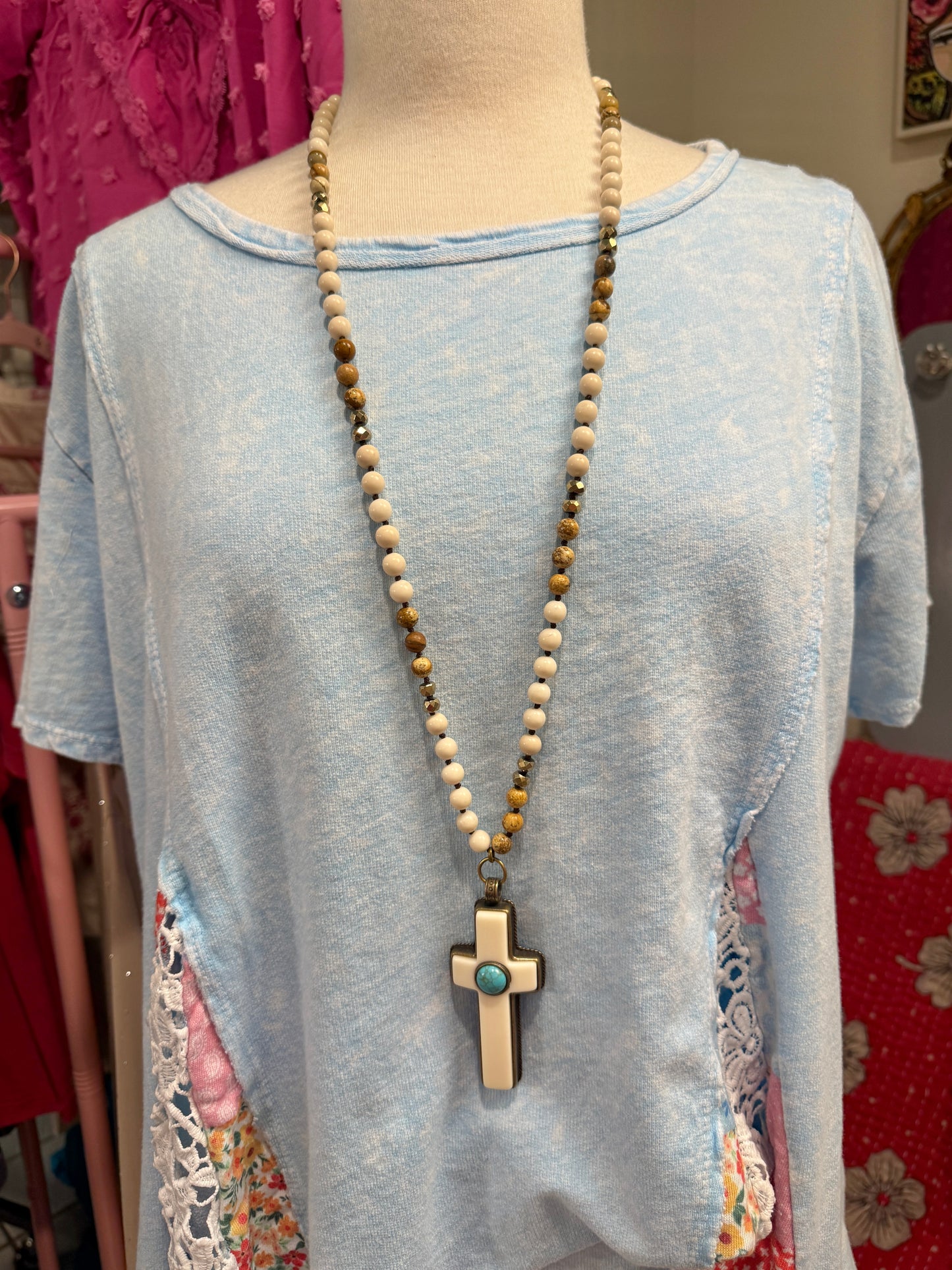 Cross with Howlite Turquoise Gemstone Necklace